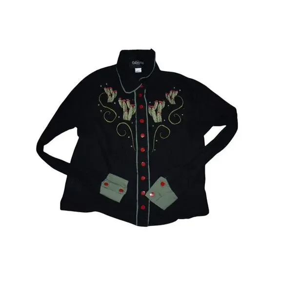 Collectif London Western Cactus Embroidered Shirt Black Red Buttons Size S UK 10 - Picture 8 of 12
